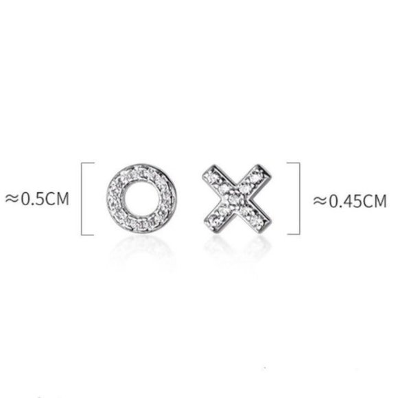 Letter X&O Asymmetry Studs Earrings w/CZ-ECZ016 - Picture 16 of 16